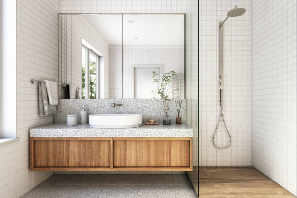 Muebles suspendidos y almacenamiento horizontal en baño